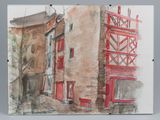 painting of a street scene with a red building and a red fire hydrant