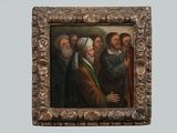 un tableau représentant un groupe de personnes debout, rassemblées
