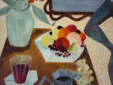 a painting of a table with a vase of flowers and a plate of fruit on it