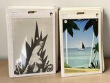 two pictures of a man on the beach and a sailboat