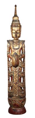 wooden statue of a buddha holding a child on a white background