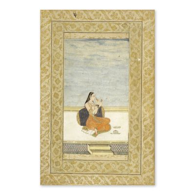 un vieux tableau représentant une femme assise sur un rebord