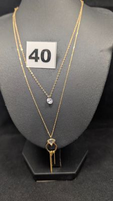 un gros plan d'un collier porté par un mannequin, sur lequel figure le chiffre 40
