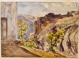 une aquarelle représentant une vue sur une montagne