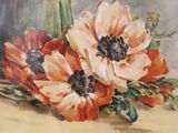 a painting of an orange and white flower and a green vase