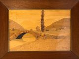 une image d'une peinture représentant un pont sur une rivière