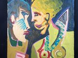 un tableau représentant une femme et un homme avec des ciseaux