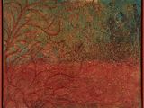 peinture abstraite représentant un champ rouge et vert avec des arbres en arrière-plan