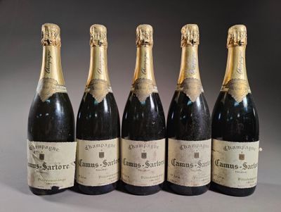 six bouteilles de champagne sont alignées sur une table