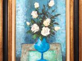 a painting of flowers in a blue vase on a table