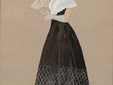drawing of a woman in a black and white dress holding a fan