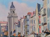 peinture représentant une rue de la ville avec une tour horloge en arrière-plan