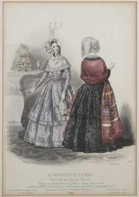 une gravure de mode ancienne représentant deux femmes en robe