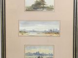 two watercolor paintings of a landscape with trees and a river