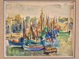 a painting of boats in the water with a sky background