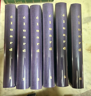 six purple books are lined up on a marble counter top