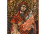 une peinture représentant une femme tenant un enfant dans ses bras