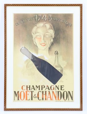 une vieille affiche représentant une femme tenant une bouteille de champagne et un couteau