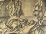 painting of a drawing of a woman sitting on a bed