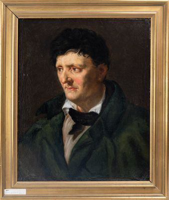 a painting of a man in a green coat and bow tie