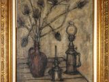 tableau représentant une nature morte avec un vase et des fleurs posés sur une table