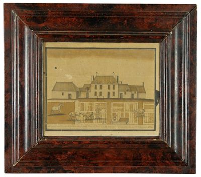une vieille photo d'un bâtiment sur laquelle est dessiné un cheval