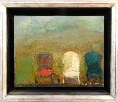 an oil painting of three chairs in a room with a green wall