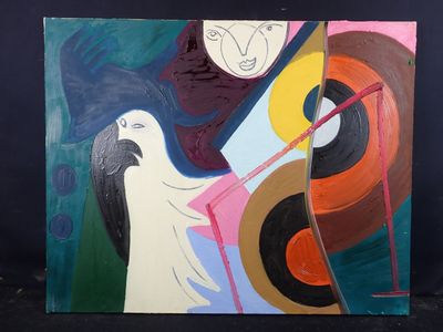 abstract painting of a woman and a bird with a bird on her shoulder