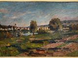 tableau représentant un paysage avec une rivière au premier plan et des maisons au loin