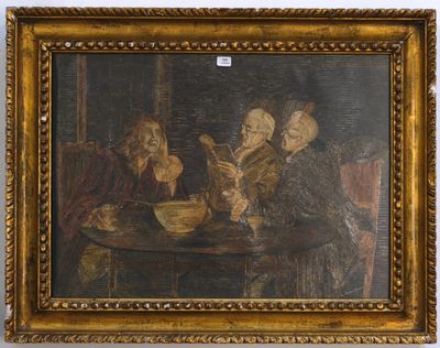 painting of a group of people sitting around a table eating food