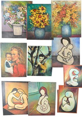 tableaux représentant une femme et un enfant près d'un vase de tournesols, ainsi que des tournesols dans des vases