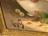a painting of a bowl of fruit on a table