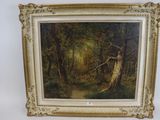 an oil painting of a wooded scene with a deer in the foreground