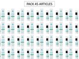 emballer 45 articles sur fond blanc avec des étiquettes noires et blanches
