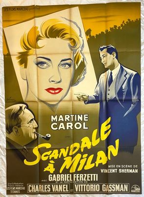 une vieille affiche de cinéma représentant un homme en train de fumer une cigarette à côté d'une femme qui a une cigarette à la bouche
