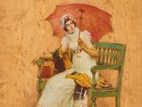 un tableau représentant une femme assise sur un banc, un parapluie à la main