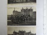 several old black and white photos of people riding horses in front of a castle