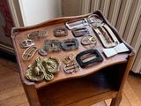 a wooden table with a lot of different items on it