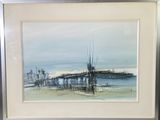 aquarelle encadrée représentant une jetée avec des bateaux sur l'eau