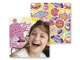 two children ' s books with stickers on them and a picture of a girl laughing