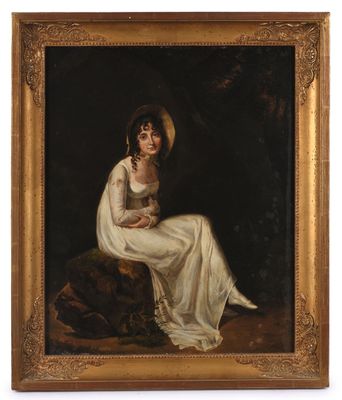 a painting of a woman in a white dress sitting on a rock