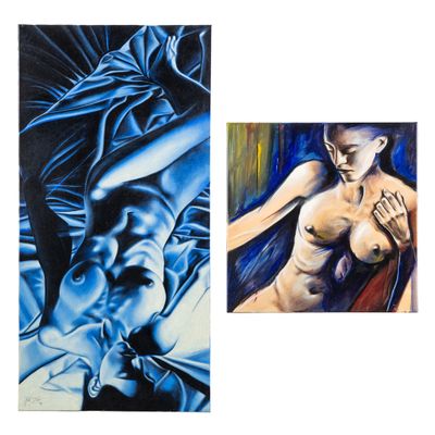 deux tableaux représentant une femme allongée dans un lit, à côté d'un tableau représentant une femme nue