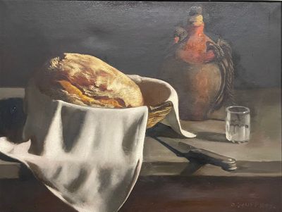 une peinture représentant du pain dans un bol posé sur une table