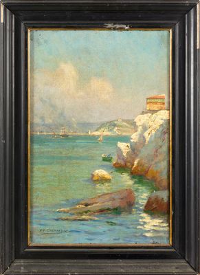une peinture à l'huile représentant une côte rocheuse avec un bateau dans l'eau