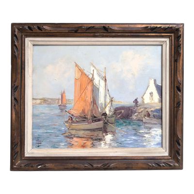 Emile GAUFFRIAUD (1877-1957) Voiliers et pêcheurs près des c…