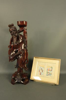 a picture of a wooden statue next to a picture of a man