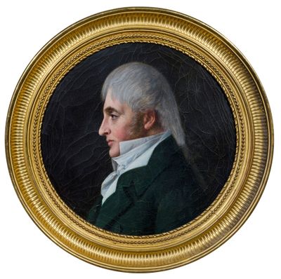 portrait d'un homme vêtu d'un manteau vert et d'une chemise blanche