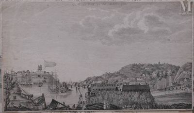 drawing of a view of a town with a river running through it