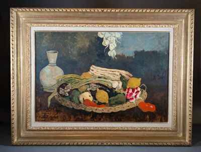un tableau représentant un panier de fruits et de légumes posé sur une table