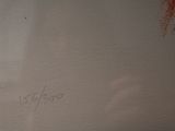 someone is writing on the wall of a bathroom with a red stain